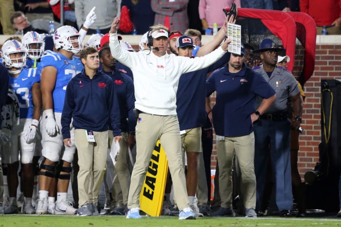 Ole Miss Rebels head coach Lane Kiffin reacts from the sidelines during their game against the Arkansas Razorbacks at Vaught-Hemingway Stadium Saturday.